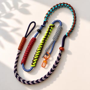 Puede incluir: Una colección de correas trenzadas para perros de colores. Las correas presentan varios patrones y colores, incluyendo rojo, azul, verde y naranja. Una correa tiene un diseño de estampado de leopardo, y otra un patrón plateado y azul marino.