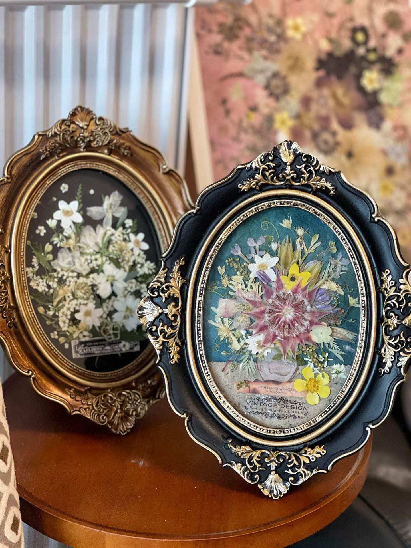 Cornice in vetro doppio per fiori pressati da appendere in oro, 5 pezzi, per lavori di artigianato, 5 stili, per fiori pressati, opere d'arte, cornice da appendere con catena per decorazione da parete