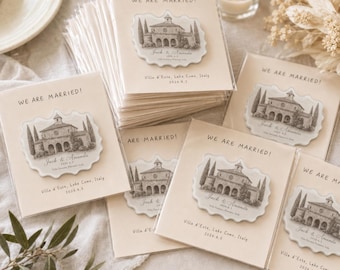 Imán personalizado para recuerdo de boda, imán con ilustración personalizada del lugar de la celebración, regalo para invitados de boda, imán acrílico para anunciar la fecha de la boda, recuerdos de boda personalizados.