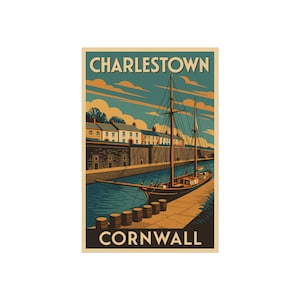 Art Deco Poster of Charlestown, Cornwall, from an original photograph, Wall Decor for Home, Office, Gift Idea, Retro Style