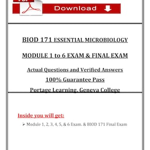 BIOD 171 Microbiology Exams | Module 1–6 & Final Exam (2025) | Portage Learning and Geneva College | Actual Qs and Ans PDF