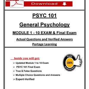 PSYC 101 Module 1-10 Exams & Final Exam | General Psychology | Portage Learning | 2025 Actual Qs and Ans | PDF Download