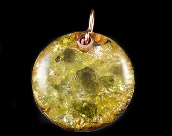 Moldavite Peridot Orgonite Pendant. Arkansas & Tibetan Crystals, Herkimers, Phenacite, Elite Shungite, Tourmaline, Selenite Rhodizite (h85)