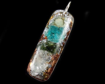 Moldavite Orgonite Pendant with Blue Apatite, Arkansas Crystal, Elite Shungite, Phenacite, Tourmaline, Rhodizite, Selenite (h78)