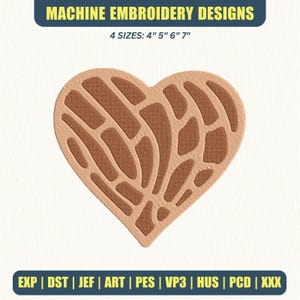May include: Machine embroidery design of a heart shape with a textured pattern. The design is in shades of brown and tan. The text at the top says "MACHINE EMBROIDERY DESIGNS" and "4 SIZES: 4" 5" 6" 7" ".