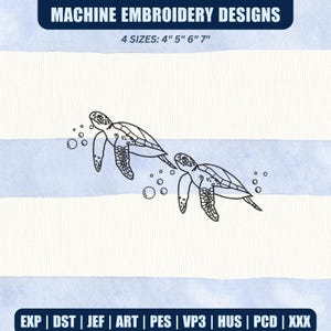 Può includere: Motivi per ricamo a macchina con due tartarughe marine che nuotano. Il design è in bianco e nero, con bolle intorno alle tartarughe. Disponibile in 4 misure: 10 cm, 13 cm, 15 cm e 18 cm.