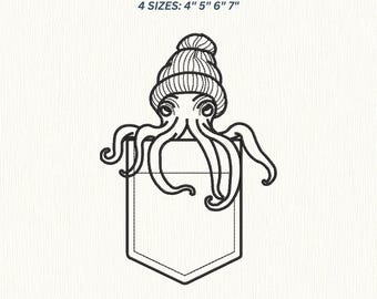 Diseño de bordado de pulpo, patrón de animal, archivos digitales, descarga instantánea