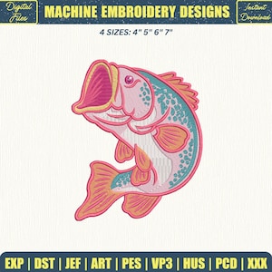 May include: Machine embroidery design of a stylized fish in pink, teal, and orange. The fish is open-mouthed and has detailed fins and scales. The design is available in 4 sizes: 4", 5", 6", and 7". The image also includes the text "MACHINE EMBROIDERY DESIGNS" and "Instant Download".