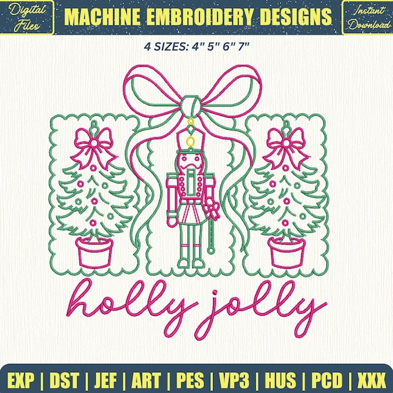 Holly Jolly Nutcracker Machine Embroidery Design, Christmas Tree Bow Holiday Stitch File, Festive Digital Download