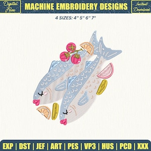 May include: Machine embroidery design featuring two stylized fish with blue scales, pink lips, and decorative elements. The design includes tomatoes, lemon slices, and other garnishes. Available in 4 sizes: 4", 5", 6", and 7".