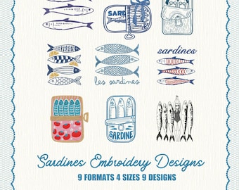 9 Sardines embroidery design, Coquette Pattern, Digital Files, Instant Download