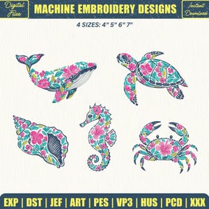 Peut inclure: Motifs de broderie machine numériques représentant des créatures marines : une baleine, une tortue, un coquillage, un hippocampe et un crabe. Chaque motif est rempli de fleurs roses et de feuilles turquoise. Disponible en quatre tailles : 10 cm, 13 cm, 15 cm et 18 cm.