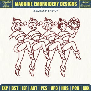 Può includere: Un disegno per ricamo a macchina con quattro figure identiche in abiti festivi, ciascuna con cappello e stivali, che eseguono un ballo a gambe alte. L'ultima figura tiene una ghirlanda natalizia. Testo: MACHINE EMBROIDERY DESIGNS, 4 SIZES: 4" 5" 6" 7" e formati EXP, DST, JEF, ART, PES, VP3, HUS, PCD, XXX.