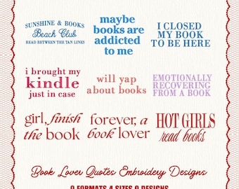 Book Lover Quotes Embroidery Design, Reading Bundle, Digital Files