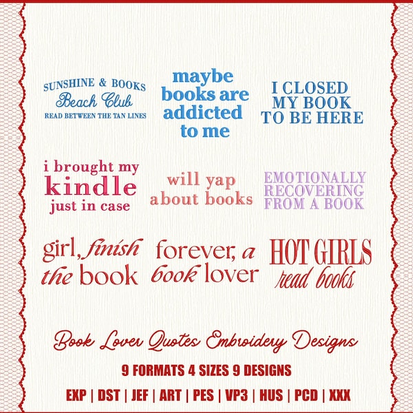 Book Lover Quotes Embroidery Design, Reading Bundle, Digital Files