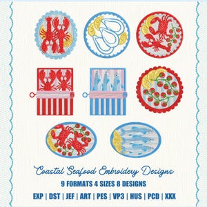 Puede incluir: Diseños de bordado de mariscos costeros con varios motivos de mariscos bordados, incluyendo langostas, cangrejos, sardinas y limones. Los diseños son en rojo, azul y amarillo, con el texto "Coastal Seafood Embroidery Designs".