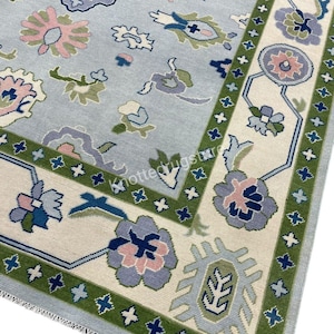 Hand-Knotted Wool Oushak Rug: Blue & Green Vintage Style, 10x13