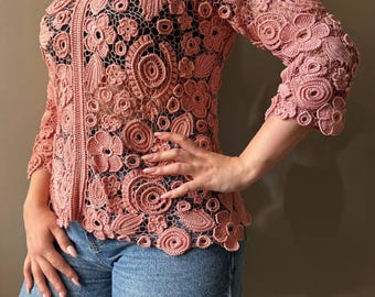 Handmade Crochet Irish Lace Jacket, 100% Mercerized Cotton, one of a kind