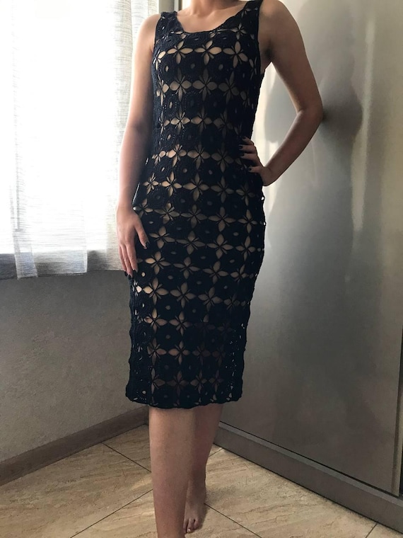 black lace dress with beige lining Max Studio Boatneck Lace Midi Dress Xs