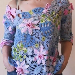 handmade crochet Irish lace blouse one of a kind crochet blouse with motives 100% cotton best gift knit top crochet with motives flowers top