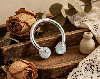 Titanium White Opal Horseshoe Ring, 16G Internally Threaded, Hypoallergenic Septum Lip Cartilage Piercing