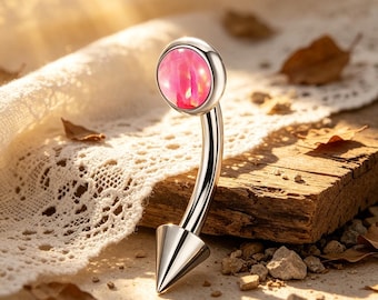 Roze opaal gebogen barbell piercing, titanium wenkbrauwring, kraakbeenoorbel, 1,2 mm dikte