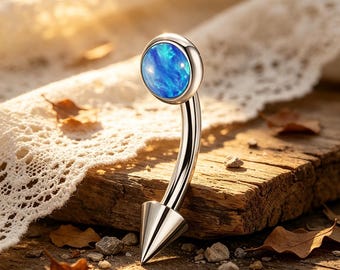 Blauwe opaal gebogen barbell-piercing, titanium wenkbrauwring, kraakbeenoorbel (1,2 mm)