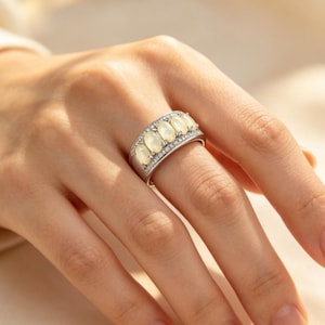 White Opal Eternity Band Ring, Silver CZ Statement Ring