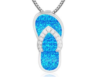 Blauwe opaal Hawaiiaanse flip-flop ketting, zilverkleurige opaal sandaalhanger, strand zomer opaal sieraden, ketting 45 cm
