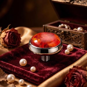 May include: A decorative cabinet knob with a large, round, red and orange gemstone set in a silver-colored metal base. The knob sits on a dark red velvet surface, surrounded by pearls and a small antique jewelry box.
