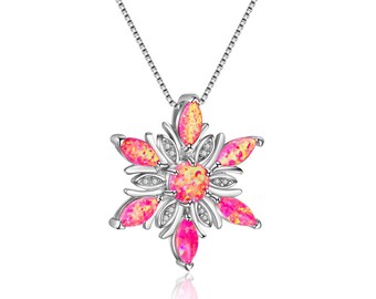 Roze opaal sneeuwvlok hanger ketting, zilverkleur, 45 cm ketting, kerst-wintersieraden