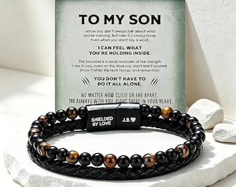 To My Son tijgeroog leren armband, op maat gegraveerde magnetische sluiting herencadeau