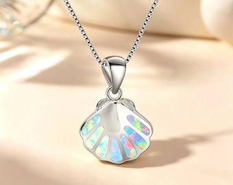 Witte opaal schelphangerketting, zilverkleurige schelp, 45 cm ketting, oceaansieraden