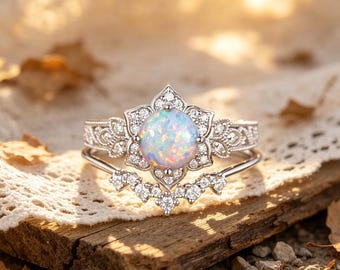 Vintage bloemen opaal ringset, zilveren filigraan beloftering