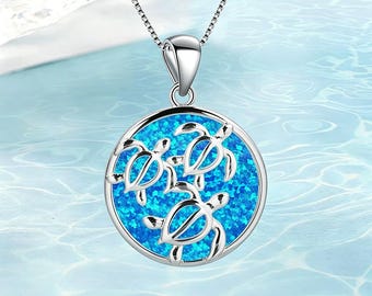 Blauwe opaal ketting met drie zeeschildpadden, Hawaiiaanse oceaansieraden