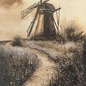 Puede incluir: Pintura de acuarela en tonos sepia de un molino de viento holandés en una colina cubierta de hierba. El molino, con sus aspas extendidas, se alza contra un cielo nublado. Un camino de tierra conduce al molino, rodeado de hierba alta y flores silvestres. La firma del artista y el año 2025 son visibles.