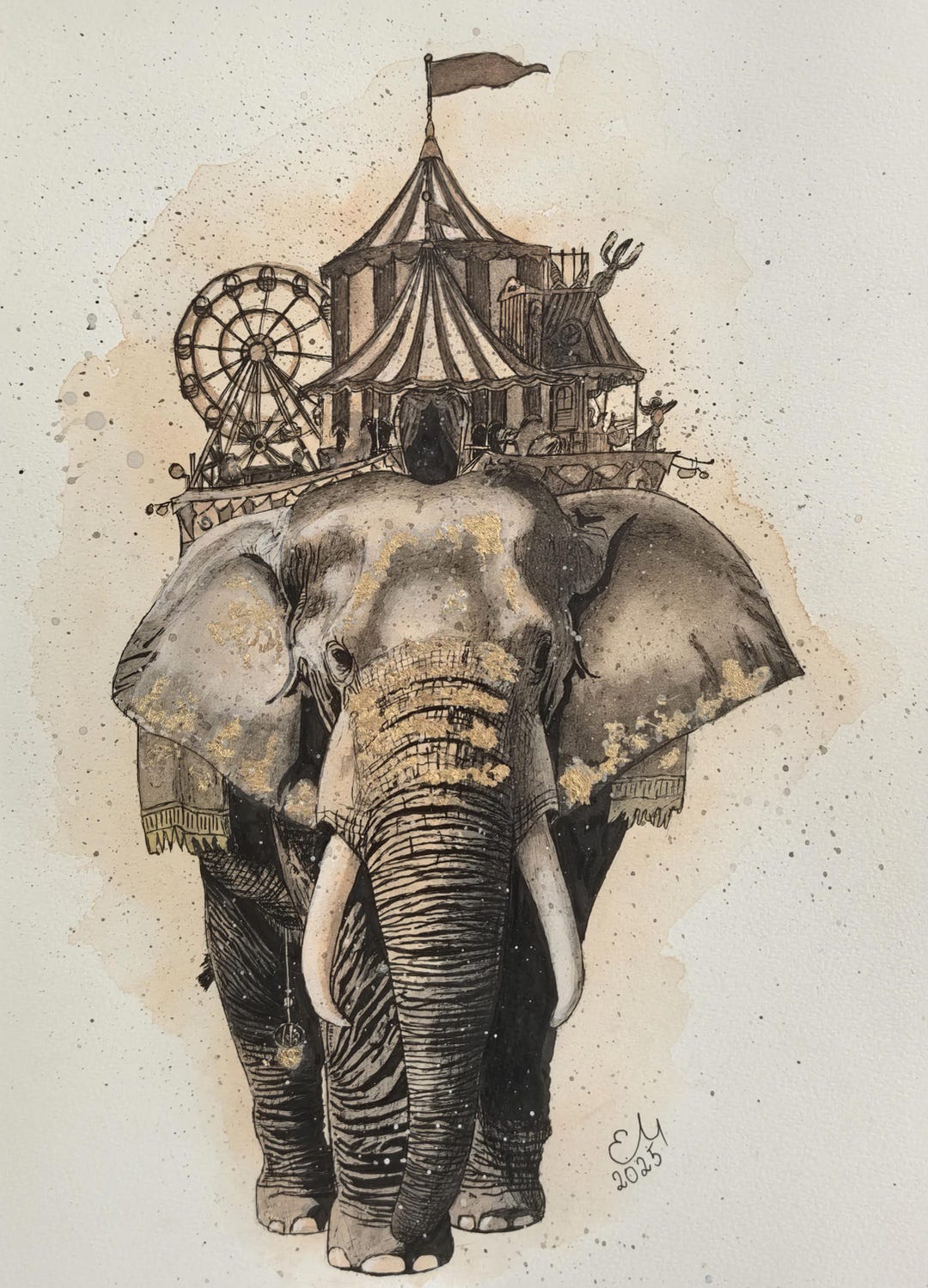 The Golden Circus Elephant – Whimsical Original Art - Original ...
