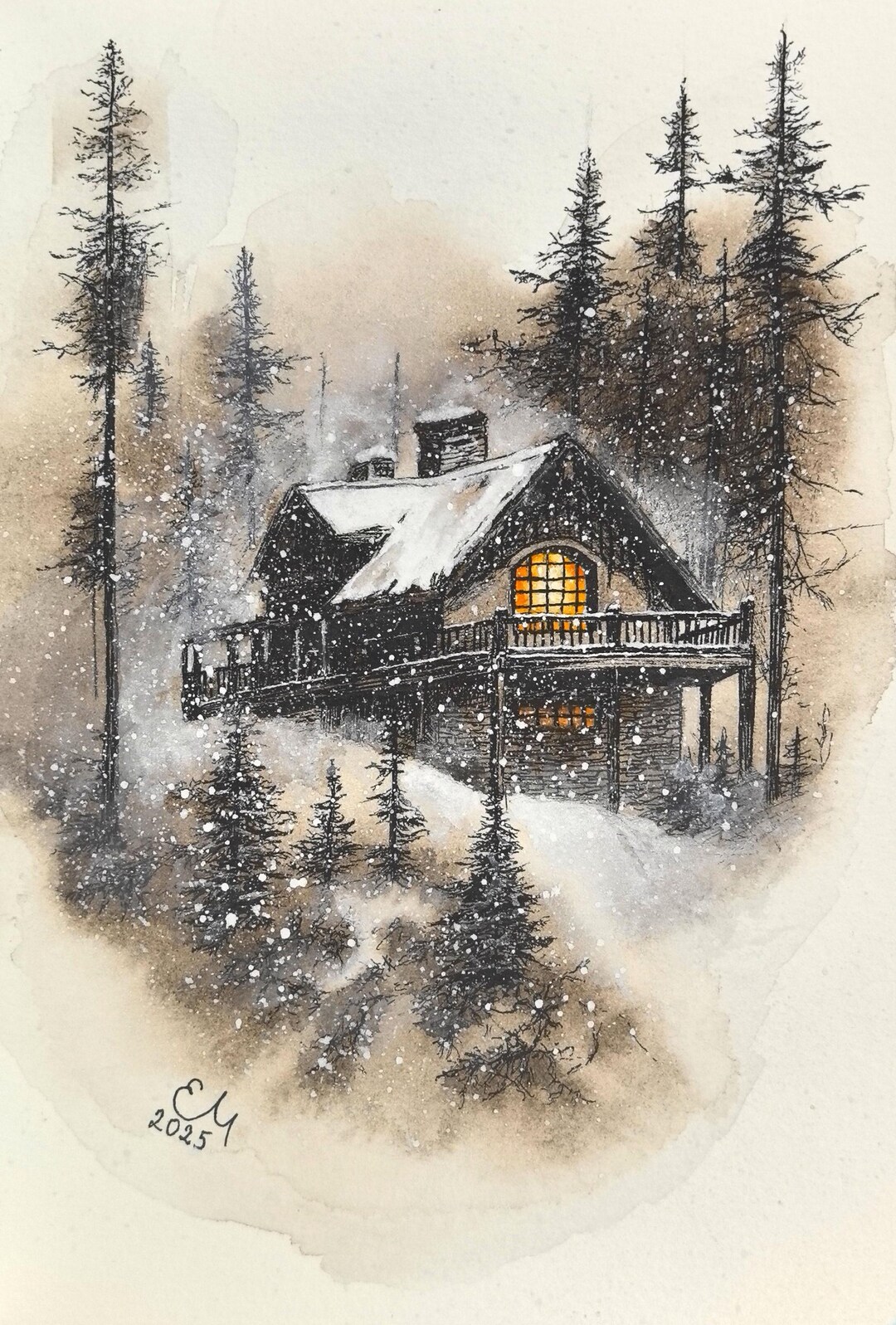 Original Winter Cabin Watercolor Painting: Snowy Forest Ink Art - Etsy