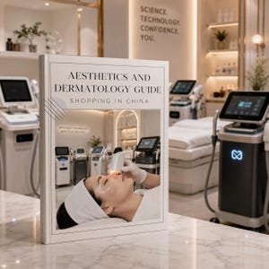May include: A book titled "Aesthetics and Dermatology Guide Shopping in China" is displayed in a modern aesthetic clinic. The cover features a woman undergoing a facial treatment. The background includes advanced aesthetic equipment and the text "Science. Technology. Confidence. You."