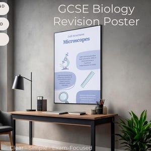 May include: A GCSE Biology Revision Poster titled "Microscopes" is displayed on a wall. The poster features diagrams and text about cell structures. The words "Easy to Understand Layout", "Instant Download", and "Printable PDF" are also visible.