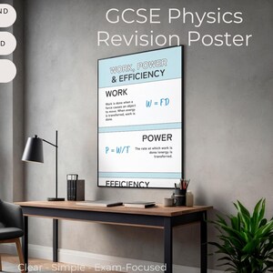 May include: A GCSE Physics Revision Poster with the text "Work, Power & Efficiency" and formulas. The poster is on a desk with a black lamp, chair, and potted plants. The text "Easy to Understand Layout", "Instant Download", and "Printable PDF" are also visible.
