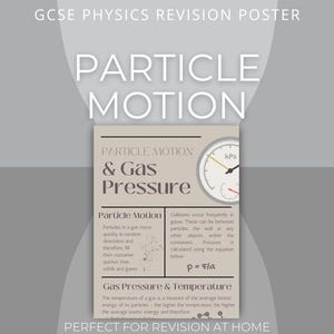 May include: A GCSE physics revision poster on particle motion and gas pressure. The poster features text and a diagram of a gauge, with information on particle movement and gas properties. Ideal for revision.