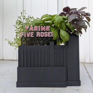 May include: A black, geometric planter box filled with various herbs, including basil and thyme. The planter features the text "FARINE FIVE ROSES" in red lettering. The design is modern and minimalist, suitable for a patio or garden.