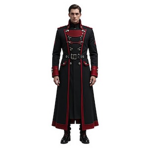 Black & Red Gothic Military Long Coat | Victorian Steampunk Trench | Men’s Cotton Overcoat