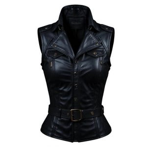 May include: Black leather vest with a collared neckline, button-up front, and two small chest pockets. The vest features a belt at the waist with a rectangular buckle. The vest is sleeveless and has a fitted silhouette.