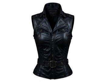 May include: Black leather vest with a collared neckline, button-up front, and two small chest pockets. The vest features a belt at the waist with a rectangular buckle. The vest is sleeveless and has a fitted silhouette.