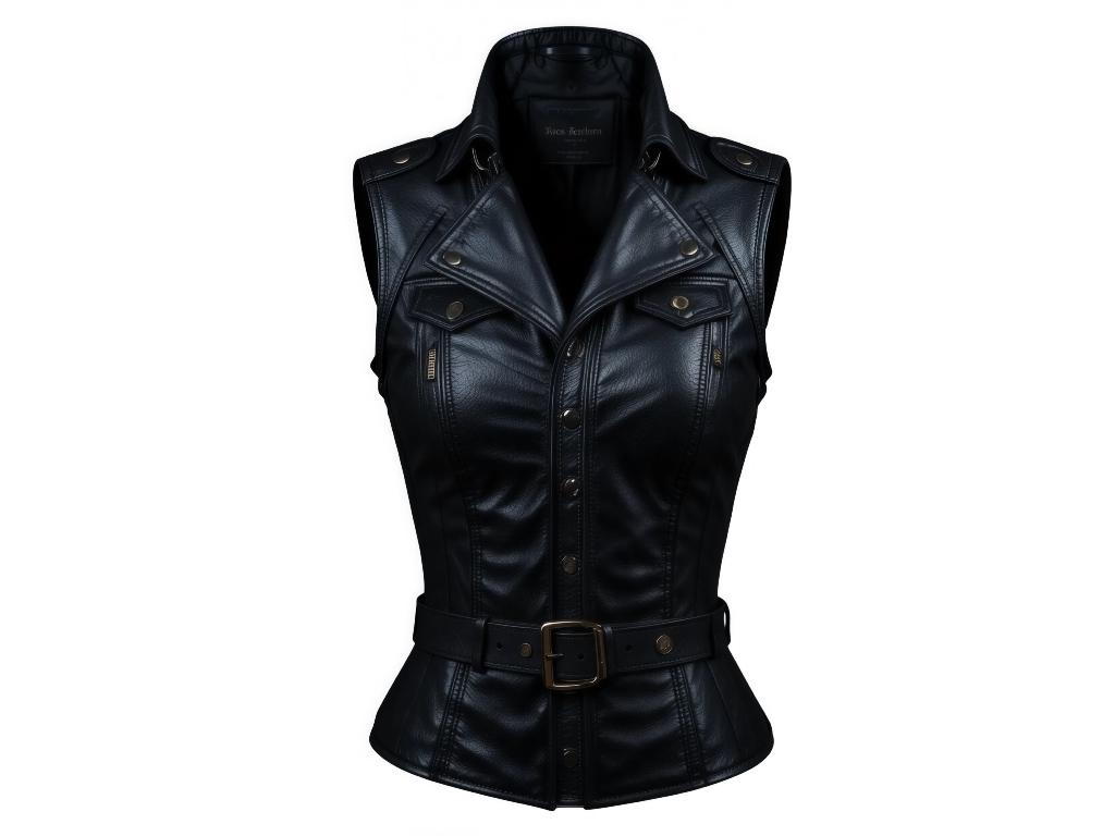 Gilet Sans Manches En Cuir Véritable Vintage Noir - Taille 42 - Occasion Très Bon état
