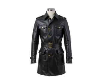 May include: Black leather trench coat with a belted waist, gold-tone buttons, and multiple pockets. The coat features a classic collar and epaulettes on the shoulders. The coat is displayed on a mannequin.