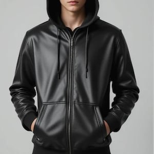 Men&#39;s Genuine Leather Hoodie | Black Zip-Up Hooded Jacket | Streetwear Style | Real Leather Outerwear | Handmade Gift for Him or Her