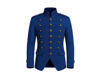 Royalblaue Militärjacke - handgefertigter Steampunk-Bandmantel, Messingknöpfe